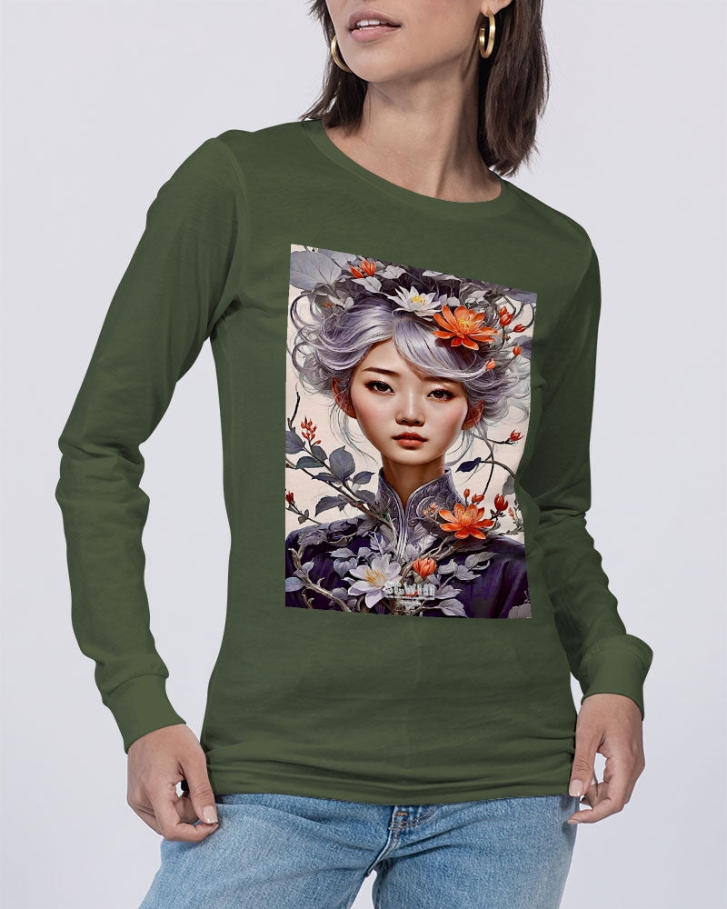 Beautiful Asian woman grey hair blossom Unisex Jersey Long Sleeve Tee | Bella + Canvas