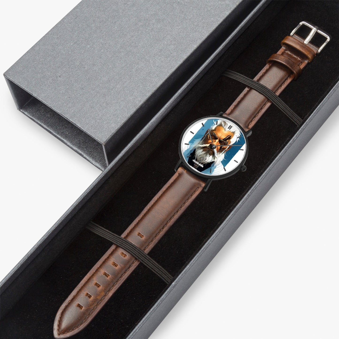 Silver bearded warrior Hot Selling Ultra-Thin Leather Strap Quartz Watch (Black With Indicators)