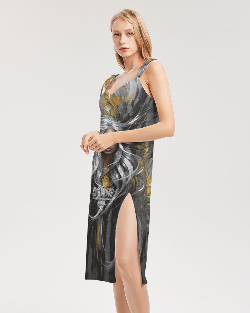 Black Sister Collection [Part 2 ] Women's All-Over Print Tie Strap Split Dress