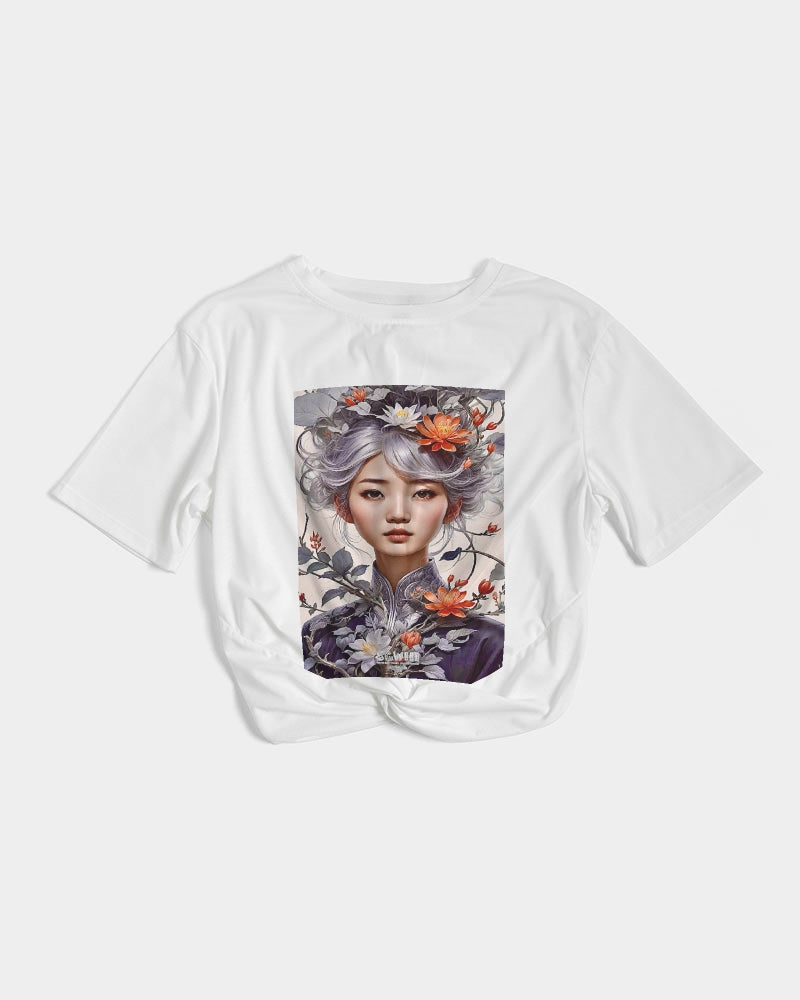 Beautiful Asian woman grey hair blossom Women's All-Over Print Twist-Front Cropped Tee