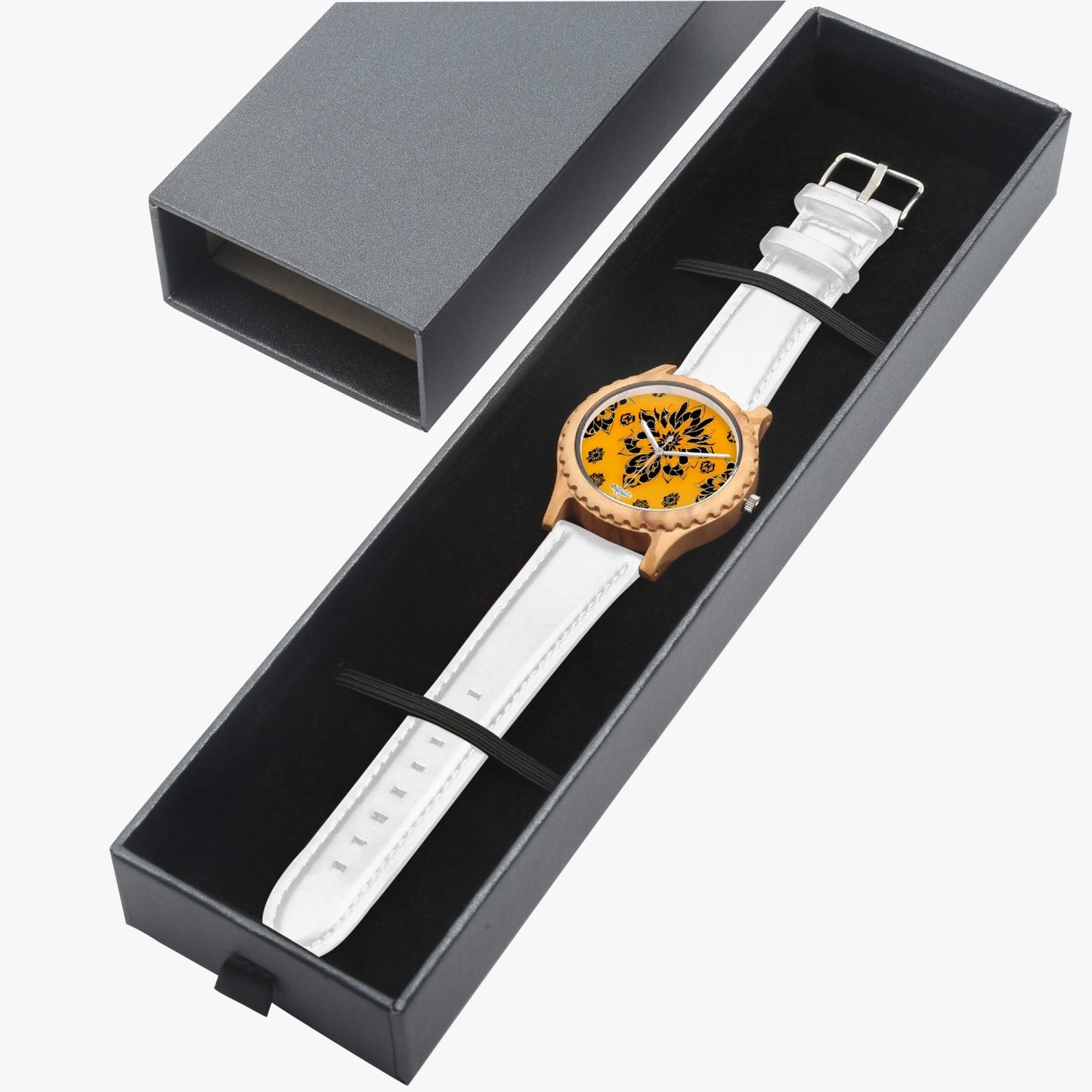 Orange and black royal pattern Italian Olive Lumber Wooden Watch - Leather Strap