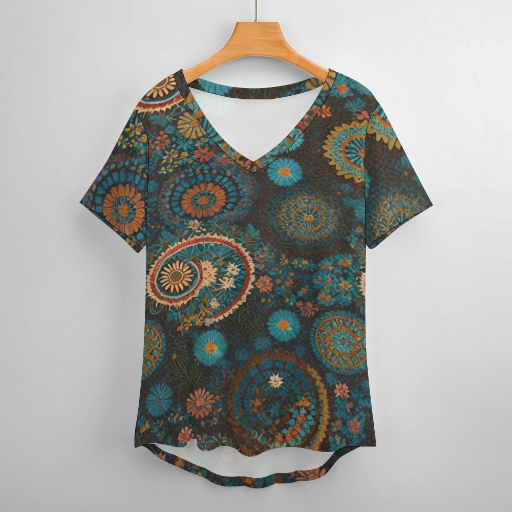 2024 New V Neck Short-sleeve Women Shirt Printed