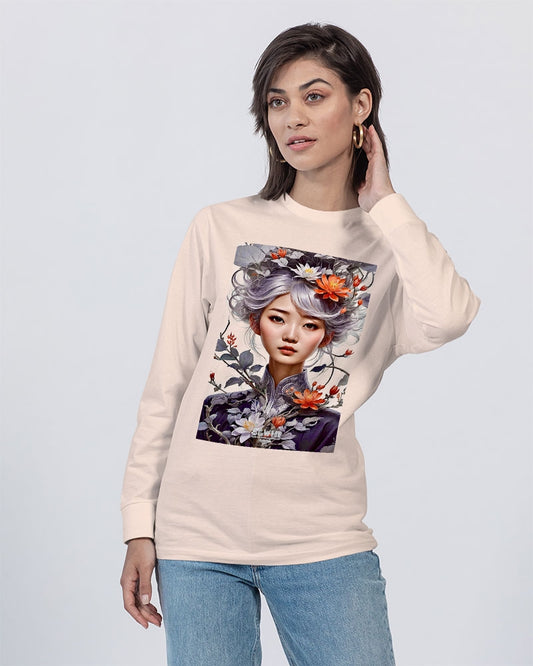 Beautiful Asian woman grey hair blossom Unisex Long Sleeve Tee | Lane Seven