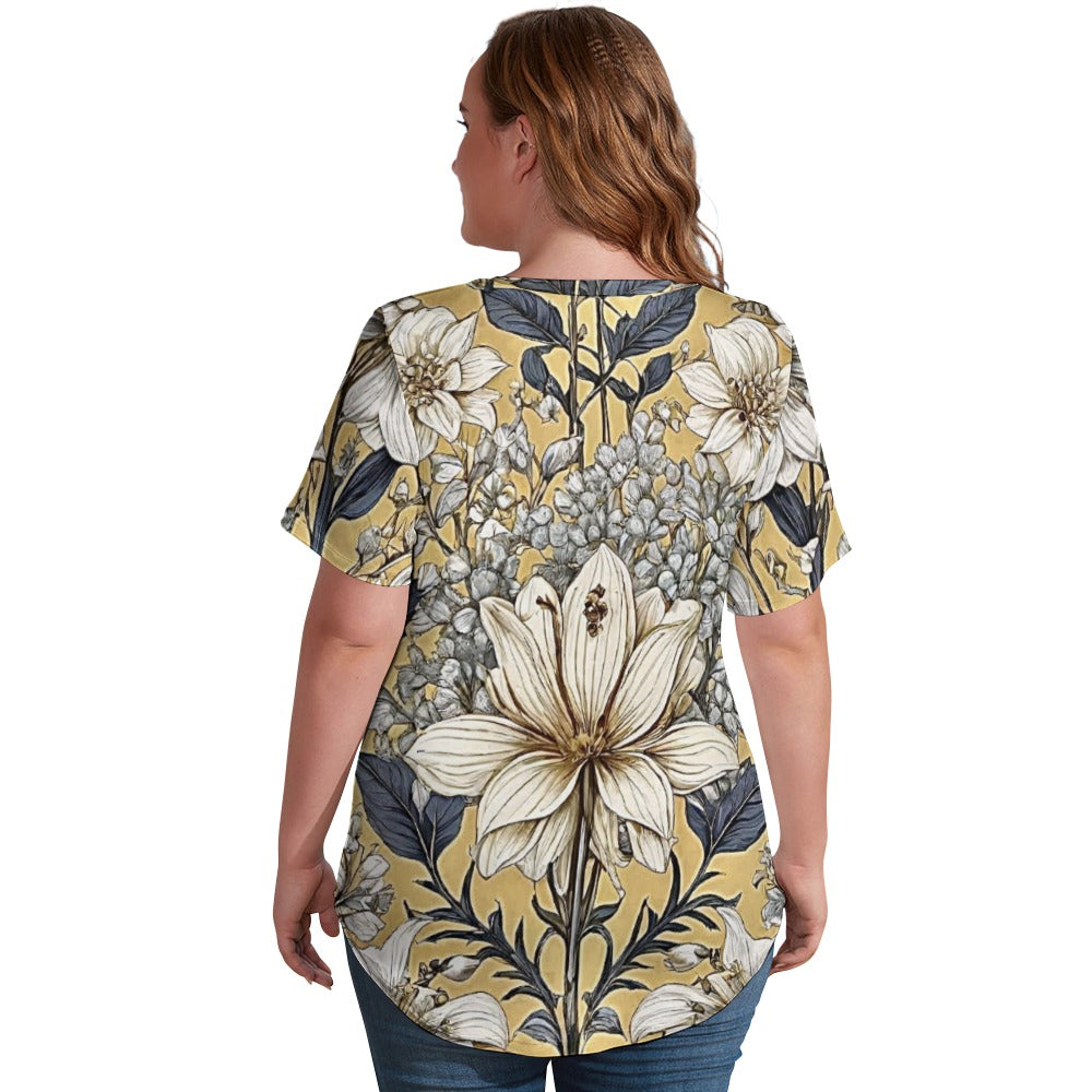 2024 New V Neck Short-sleeve Women Shirt Printed