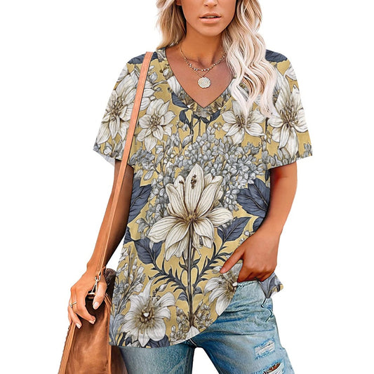 2024 New V Neck Short-sleeve Women Shirt Printed