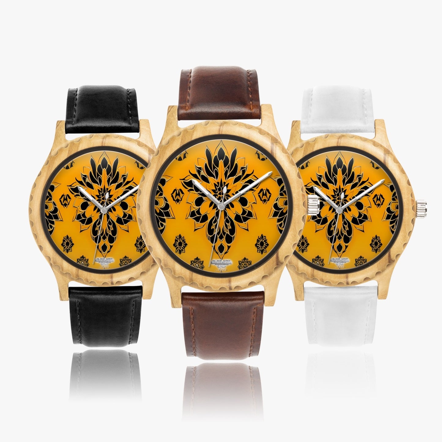 Orange and black royal pattern Italian Olive Lumber Wooden Watch - Leather Strap