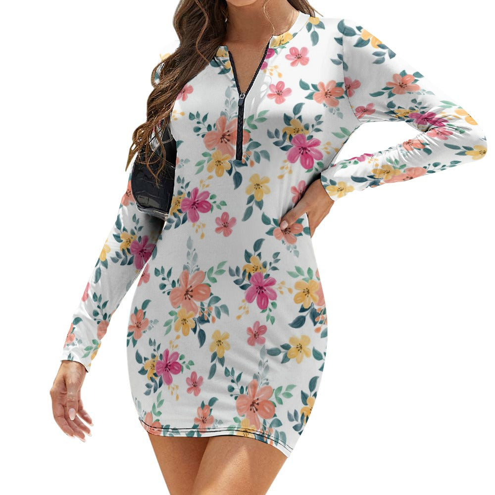 Women's Zipper Long Sleeve Hip Dress