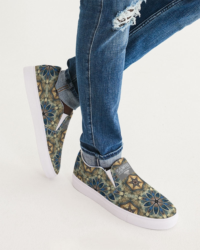 Green & Dark Blue almost star pattern. Men's Slip-On Canvas Shoe