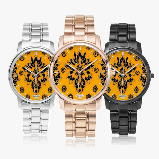 Orange and black royal pattern Folding Clasp Type Stainless Steel Quartz Watch (With Indicators)