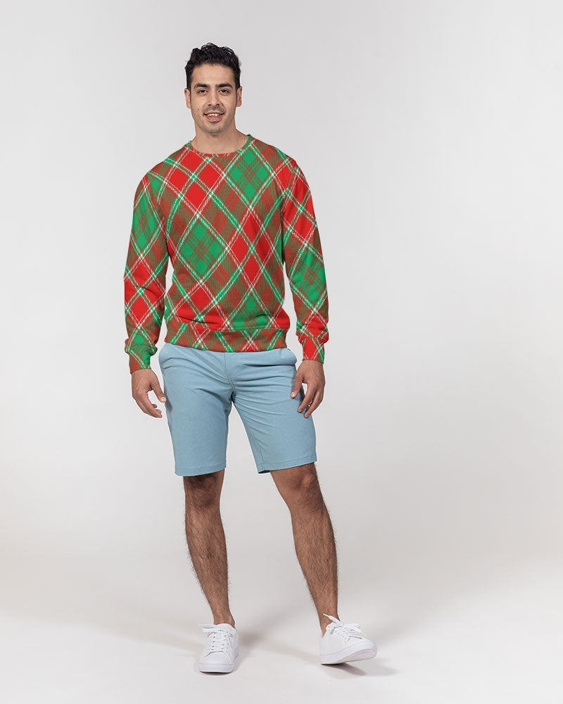 Red & Green cross pattern Men's All-Over Print Classic French Terry Crewneck Pullover