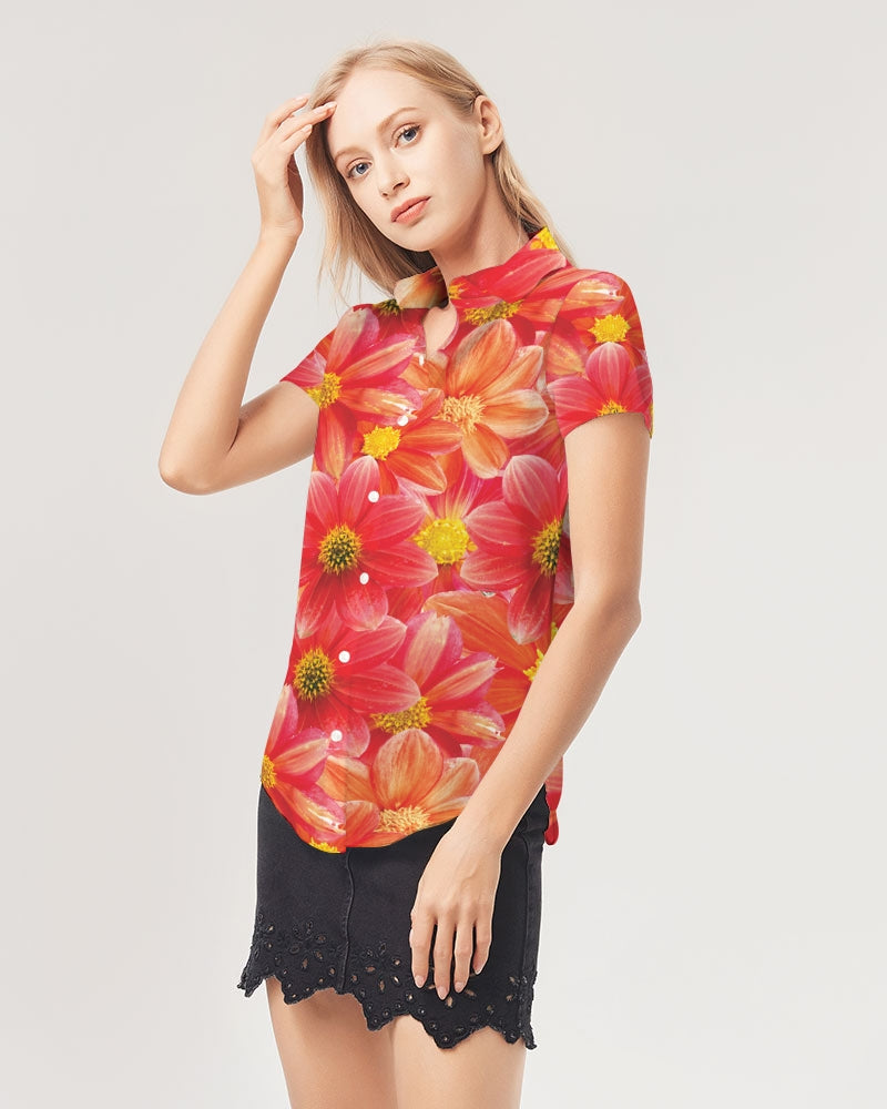 Beautiful blood orange flower design Women's All-Over Print Short Sleeve Button Up