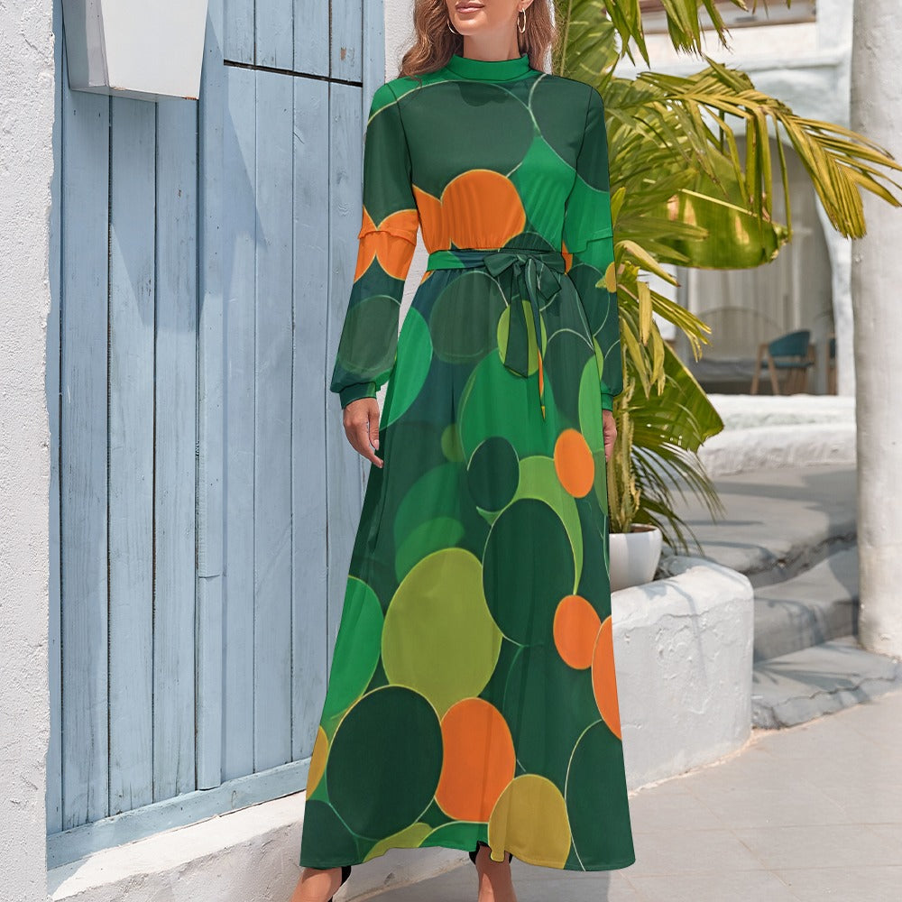 Orange and green ball pattern dress long dress