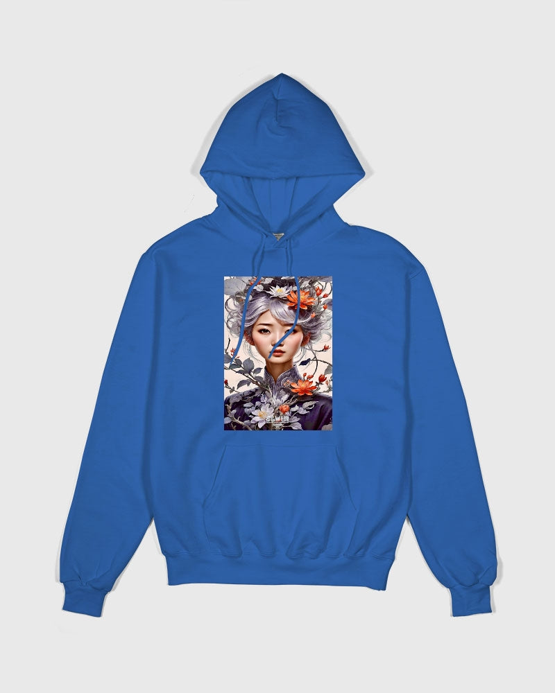 Beautiful Asian woman grey hair blossom Unisex Hoodie | Champion