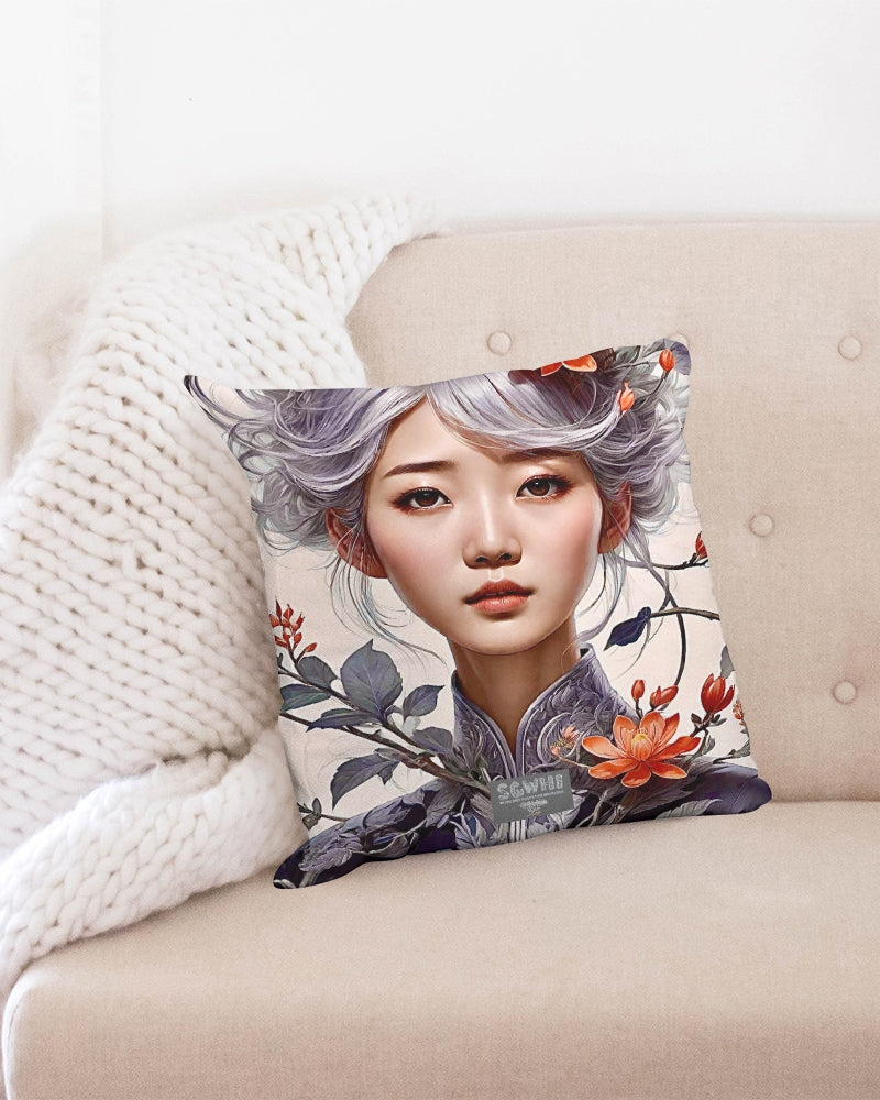 Beautiful Asian woman grey hair blossom Throw Pillow Case 18"x18"