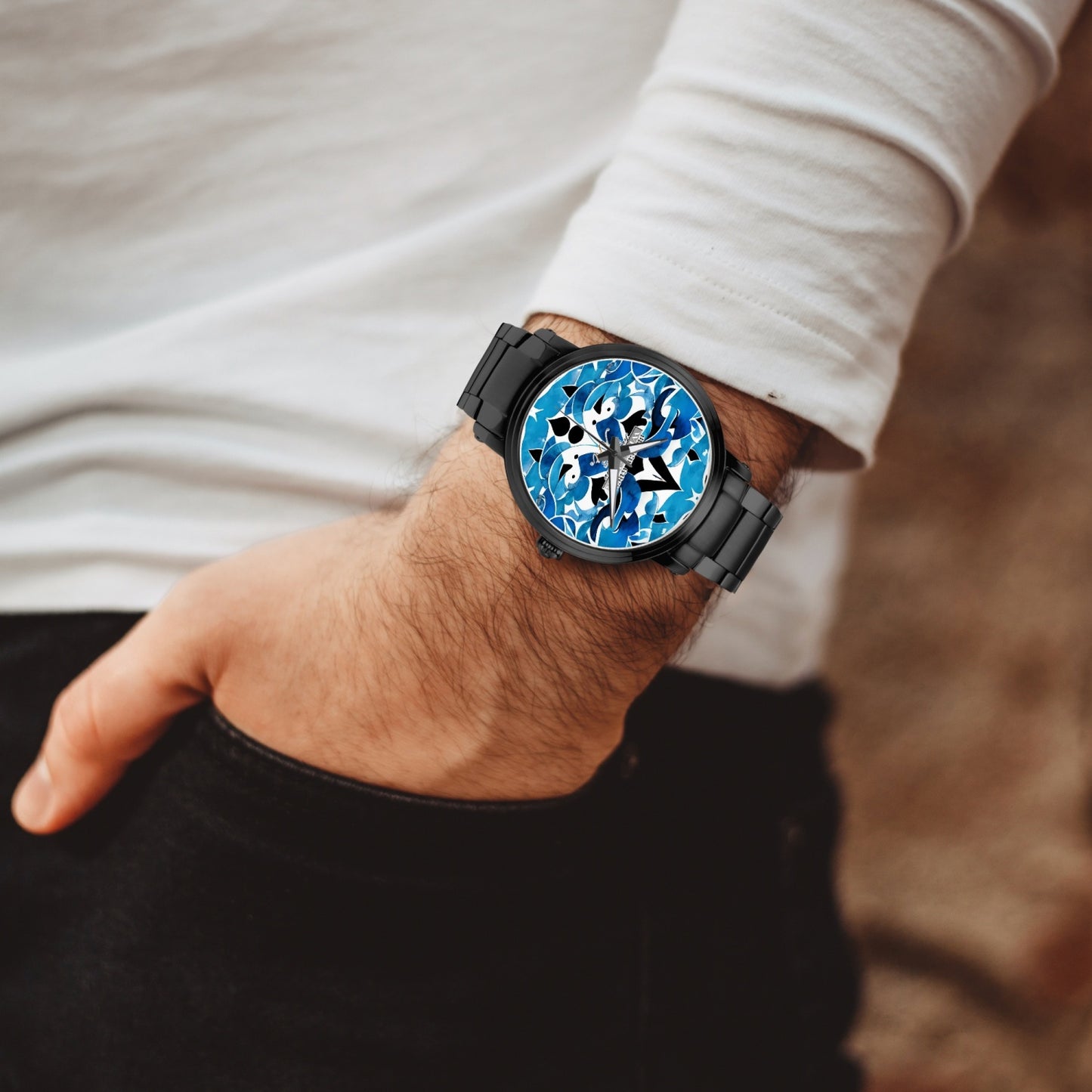 Silver grey white hair inspiration Blue abstract pattern New Steel Strap Automatic Watch