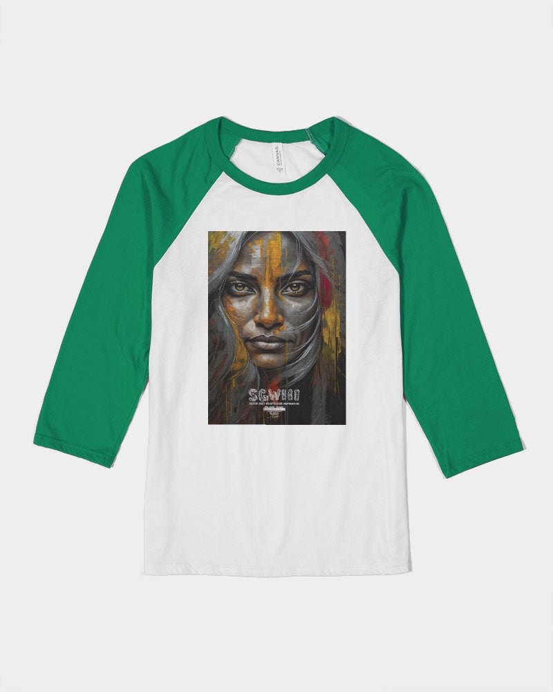 South Asian silver grey white hair sisters portrait  Unisex Three-Quarter Sleeve Baseball Tee | Bella + Canvas