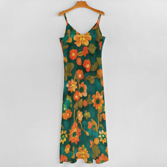 Orange flower and green Sling Ankle Long Dress