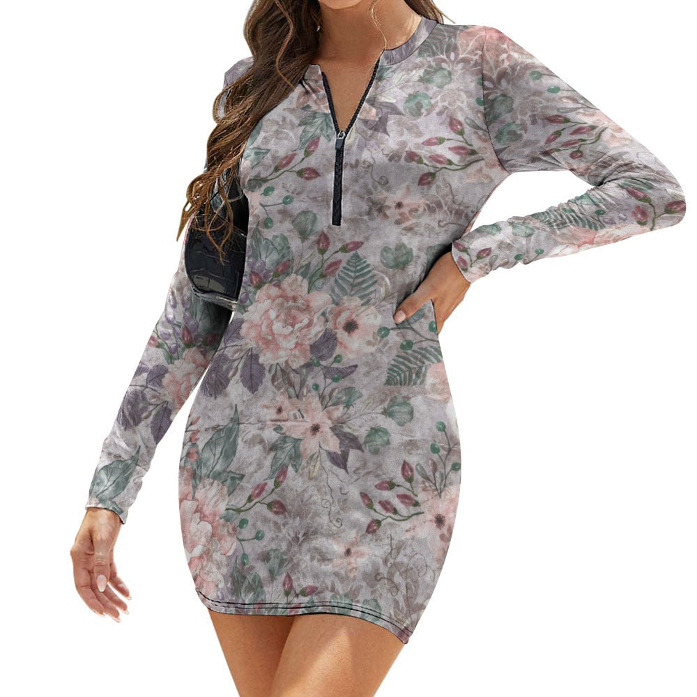 Women's Zipper Long Sleeve Hip Dress