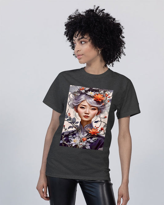 Beautiful Asian woman grey hair blossom Unisex Tee | Champion