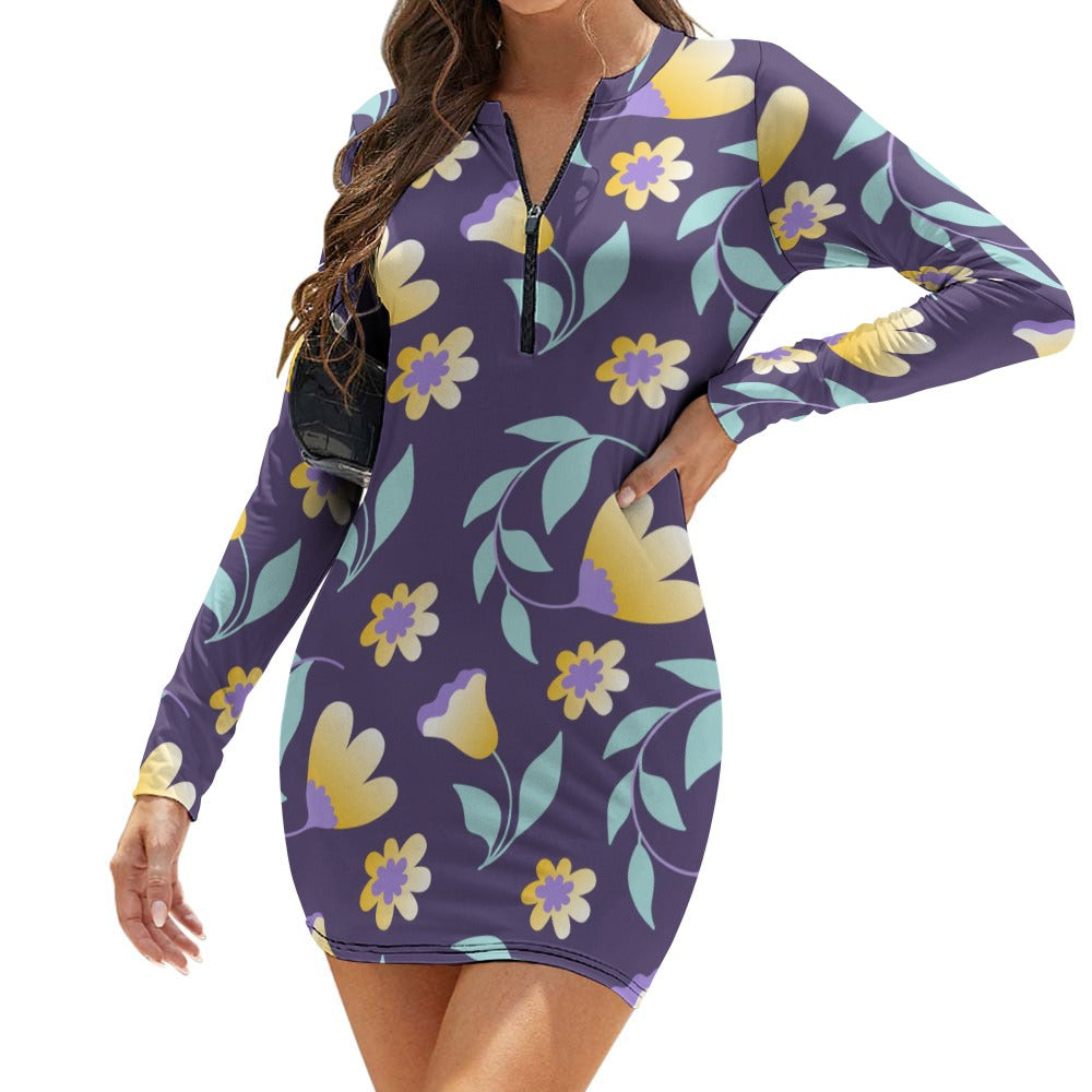 Women's Zipper Long Sleeve Hip Dress