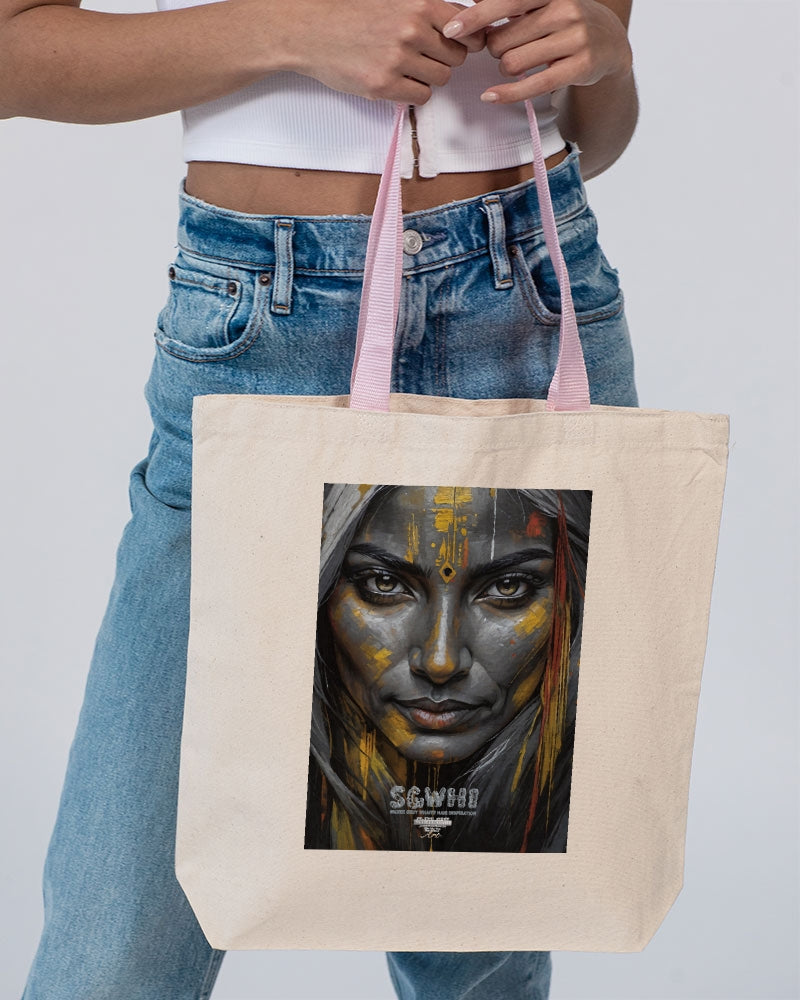 South Asian silver grey white hair sisters portrait [3] Canvas Tote with Contrast-Color Handles | Q-Tees