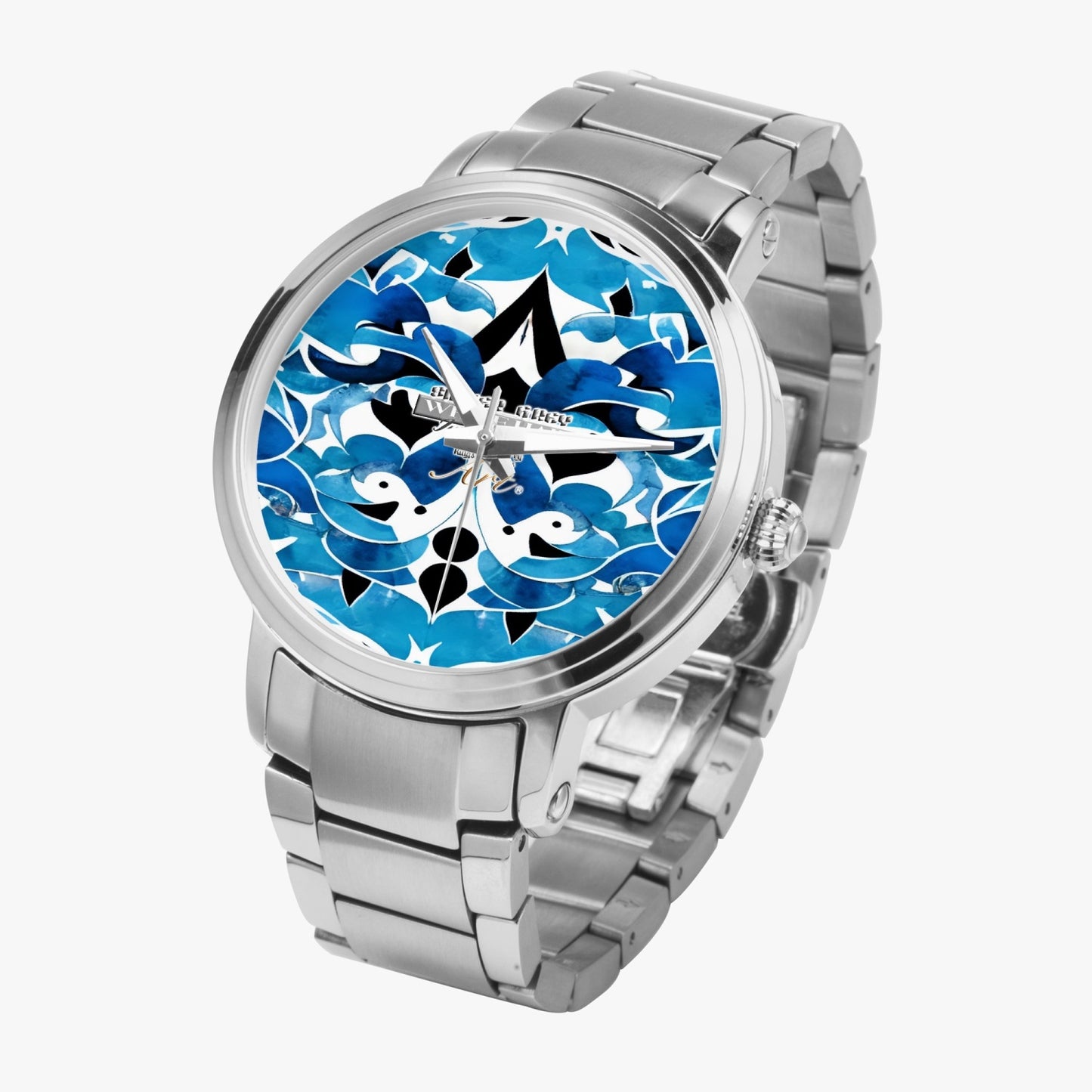 Silver grey white hair inspiration Blue abstract pattern New Steel Strap Automatic Watch