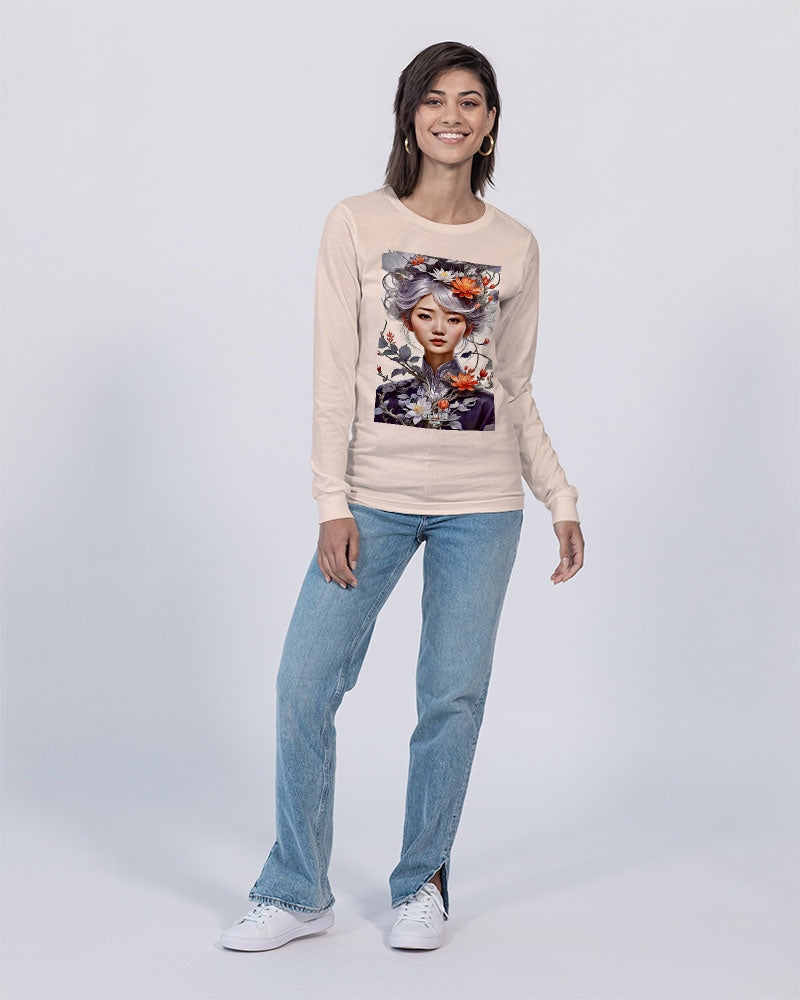 Beautiful Asian woman grey hair blossom Unisex Long Sleeve Tee | Lane Seven