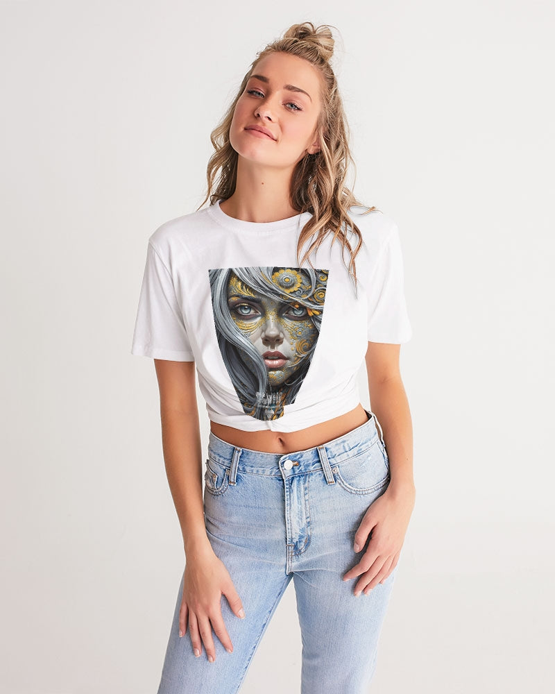 Sweet Silver Yellow Flower Grey Hair sister.[Part three] Women's All-Over Print Twist-Front Cropped Tee