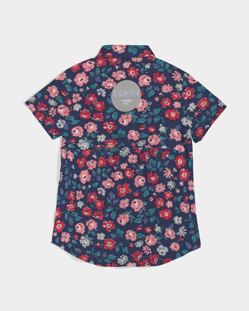 Midnight blue pretty glance.  Women's All-Over Print Short Sleeve Button Up