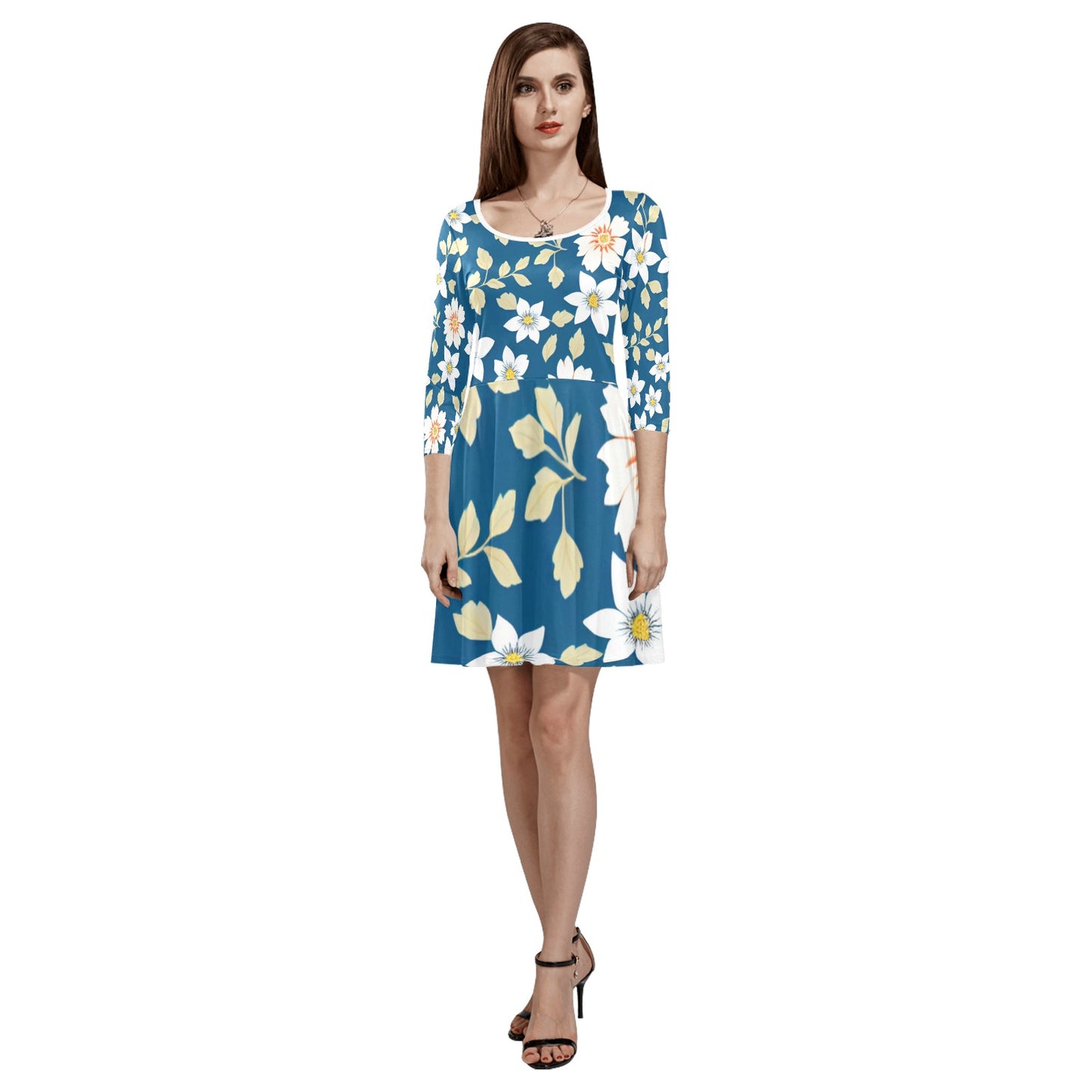 Women's 3/4 Sleeve Round Neck Sundress(Model D23)