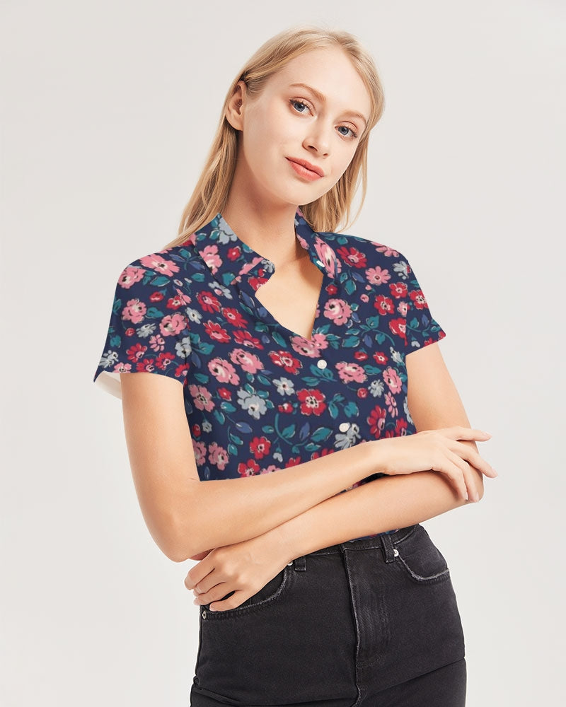 Midnight blue pretty glance.  Women's All-Over Print Short Sleeve Button Up