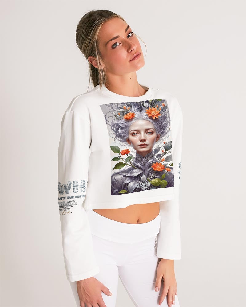 Beautiful white sister grey hair blossom Women's All-Over Print Cropped Sweatshirt