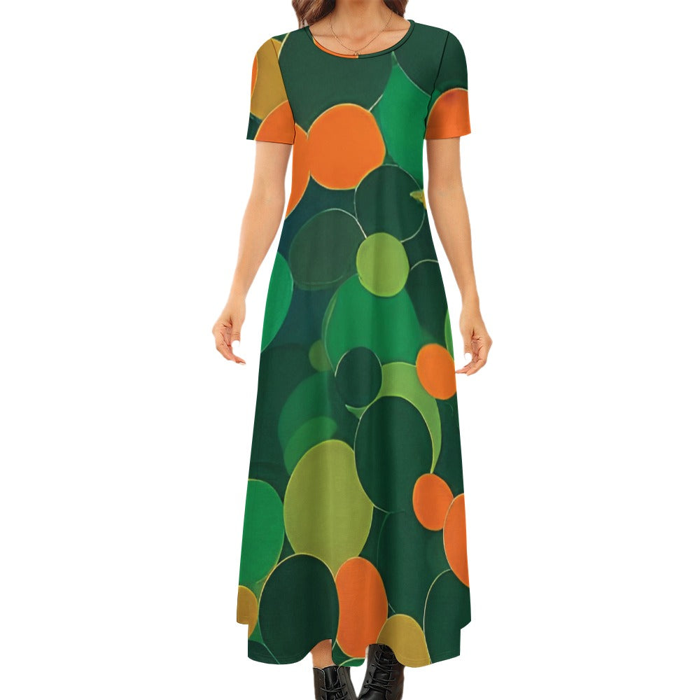 Orange and green ball pattern Neck Short Sleeve Dress (No Pockets)