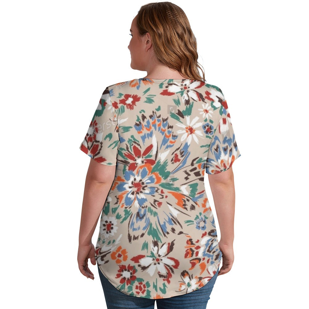 2024 New V Neck Short-sleeve Women Shirt Printed