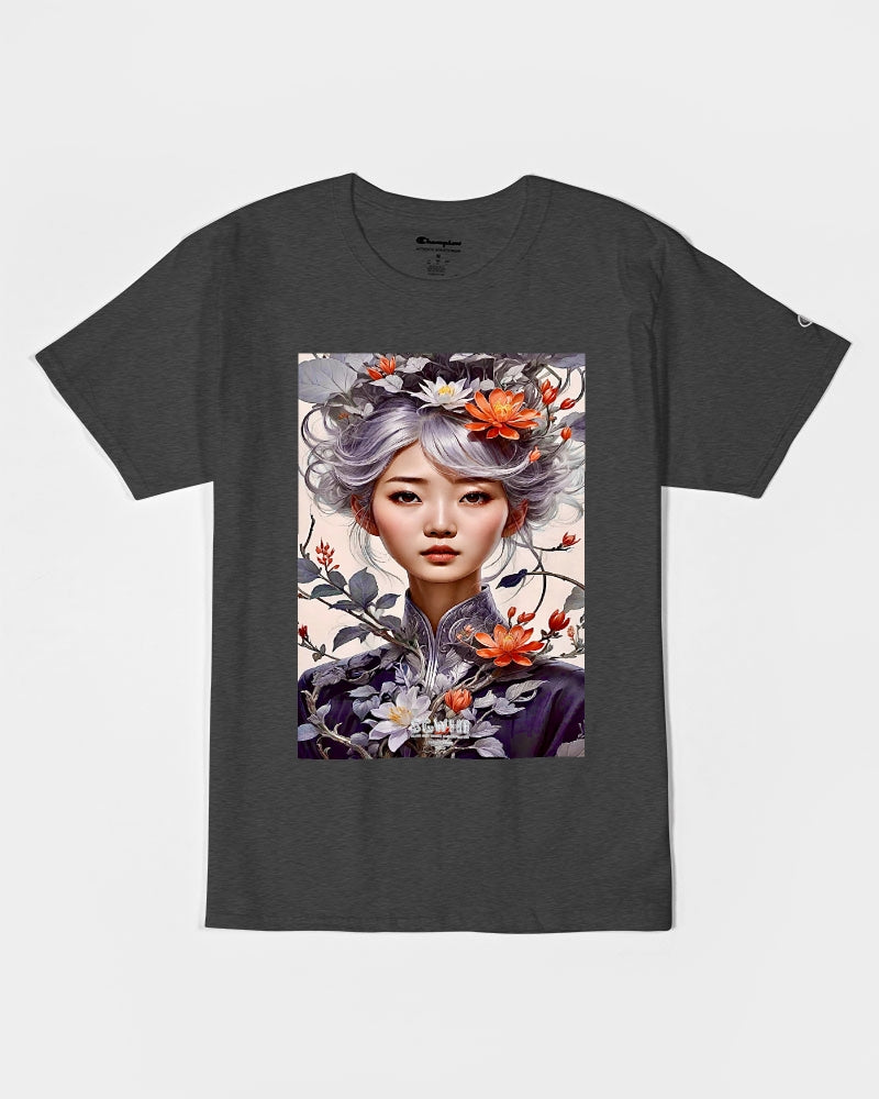 Beautiful Asian woman grey hair blossom Unisex Tee | Champion