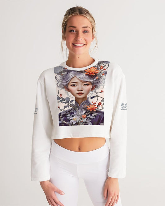 Beautiful Asian woman grey hair blossom Women's All-Over Print Cropped Sweatshirt