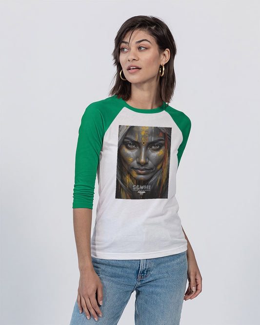 South Asian silver grey white hair sisters portrait [3] Unisex Three-Quarter Sleeve Baseball Tee | Bella + Canvas