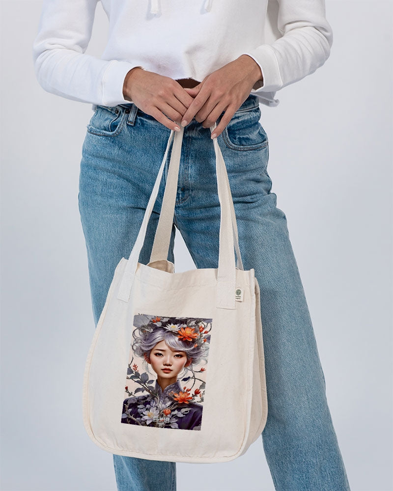 Beautiful Asian woman grey hair blossom Organic Cotton Canvas Market Tote | Econscious