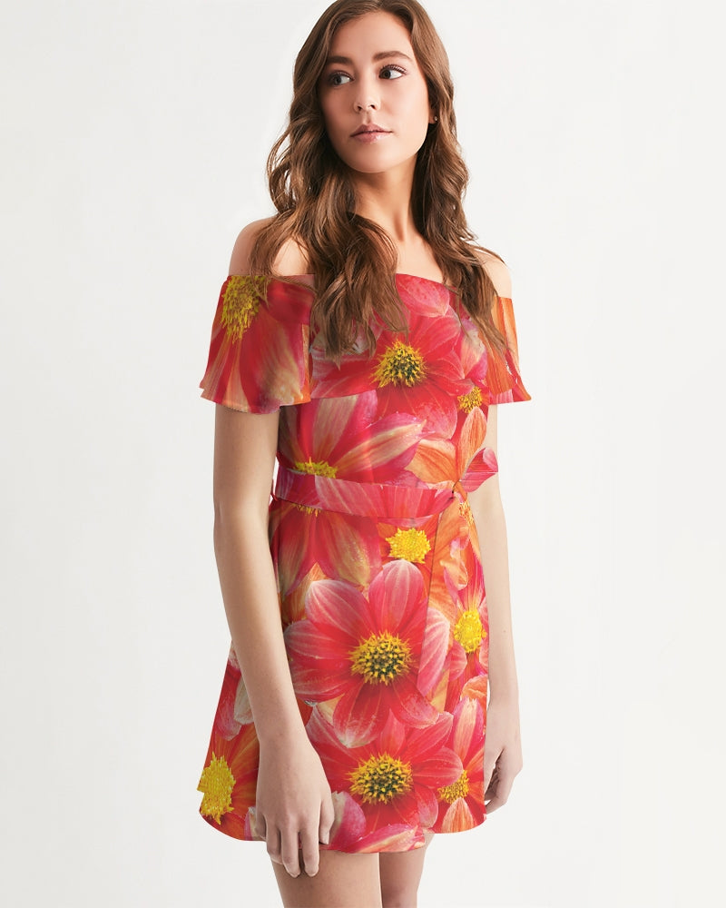 Beautiful blood orange flower design Women's All-Over Print Off-Shoulder Dress