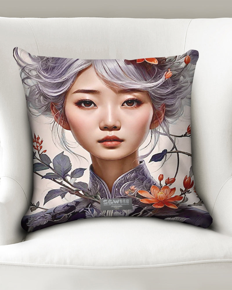 Beautiful Asian woman grey hair blossom Throw Pillow Case 18"x18"