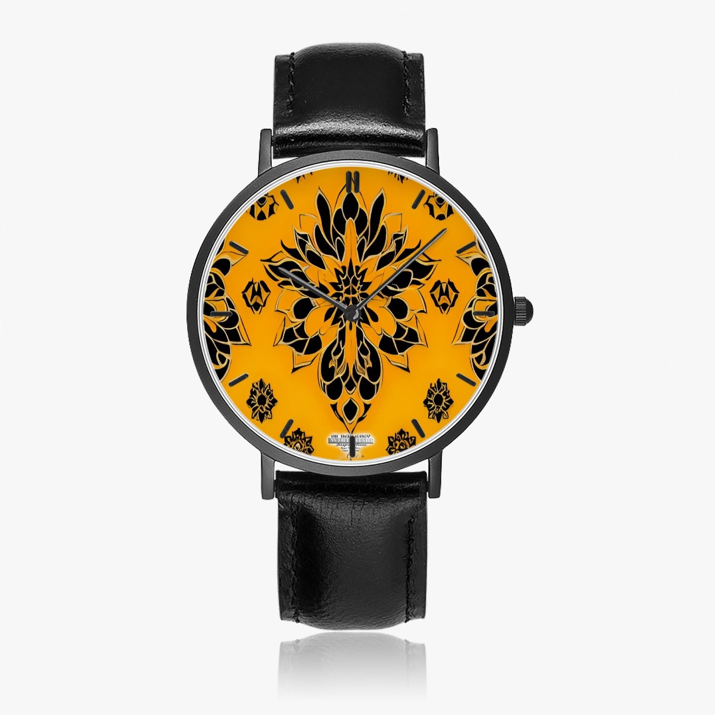 Orange and black royal pattern Hot Selling Ultra-Thin Leather Strap Quartz Watch (Black With Indicators)