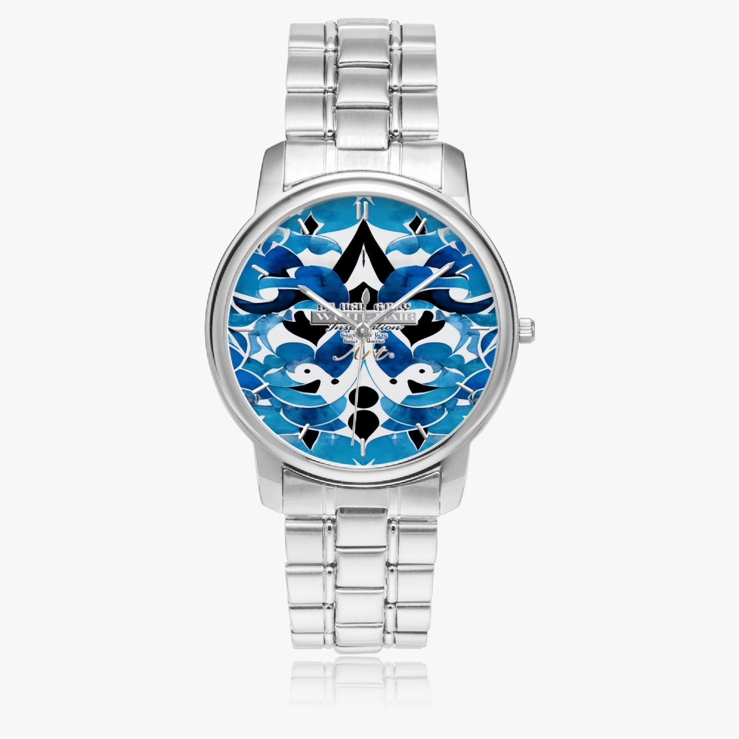 Silver grey white hair inspiration Blue abstract pattern Folding Clasp Type Stainless Steel Quartz Watch (With Indicators)