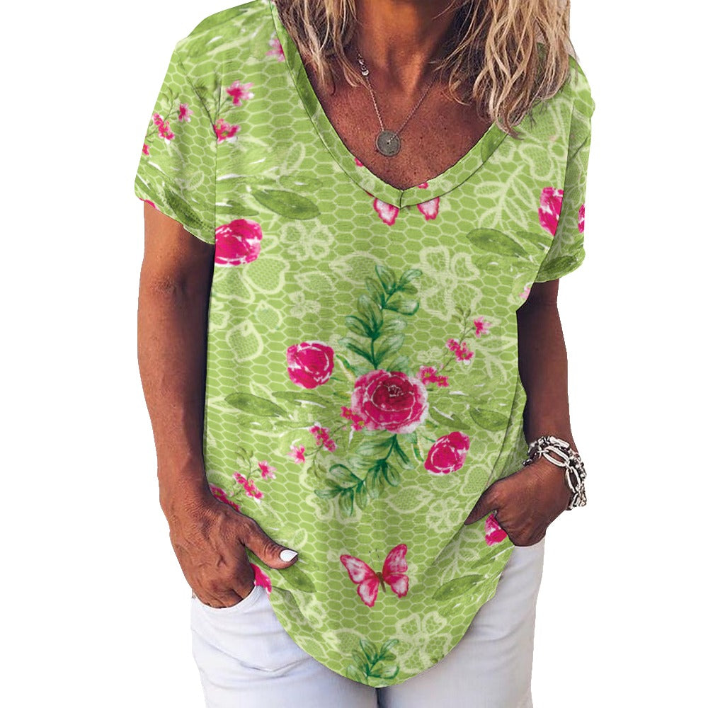 2024 New V Neck Short-sleeve Women Shirt Printed