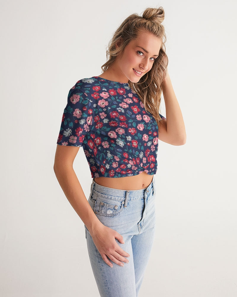 Midnight blue pretty glance.  Women's All-Over Print Twist-Front Cropped Tee