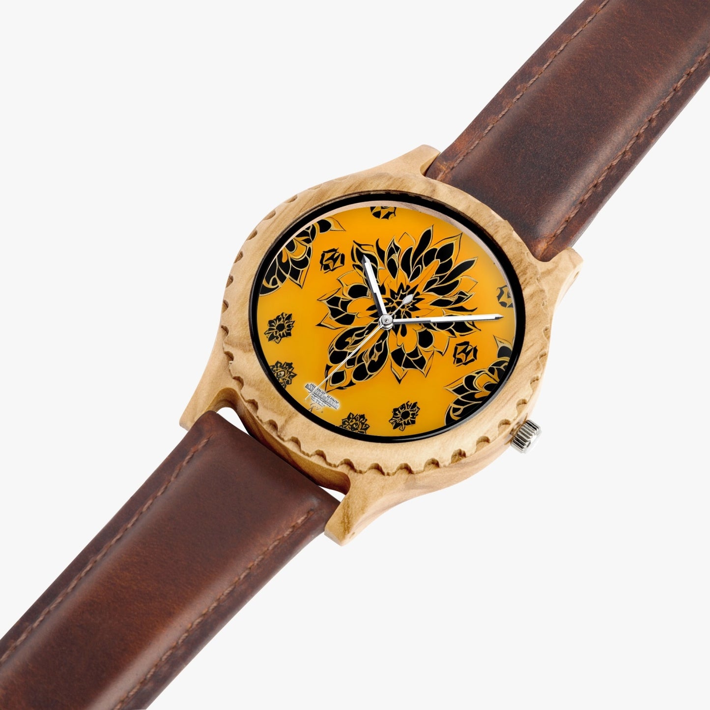 Orange and black royal pattern Italian Olive Lumber Wooden Watch - Leather Strap