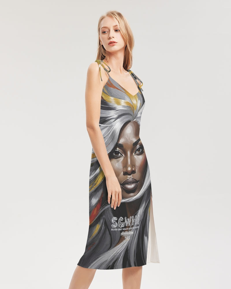 Black Sister Collection [Part 1 ] Women's All-Over Print Tie Strap Split Dress