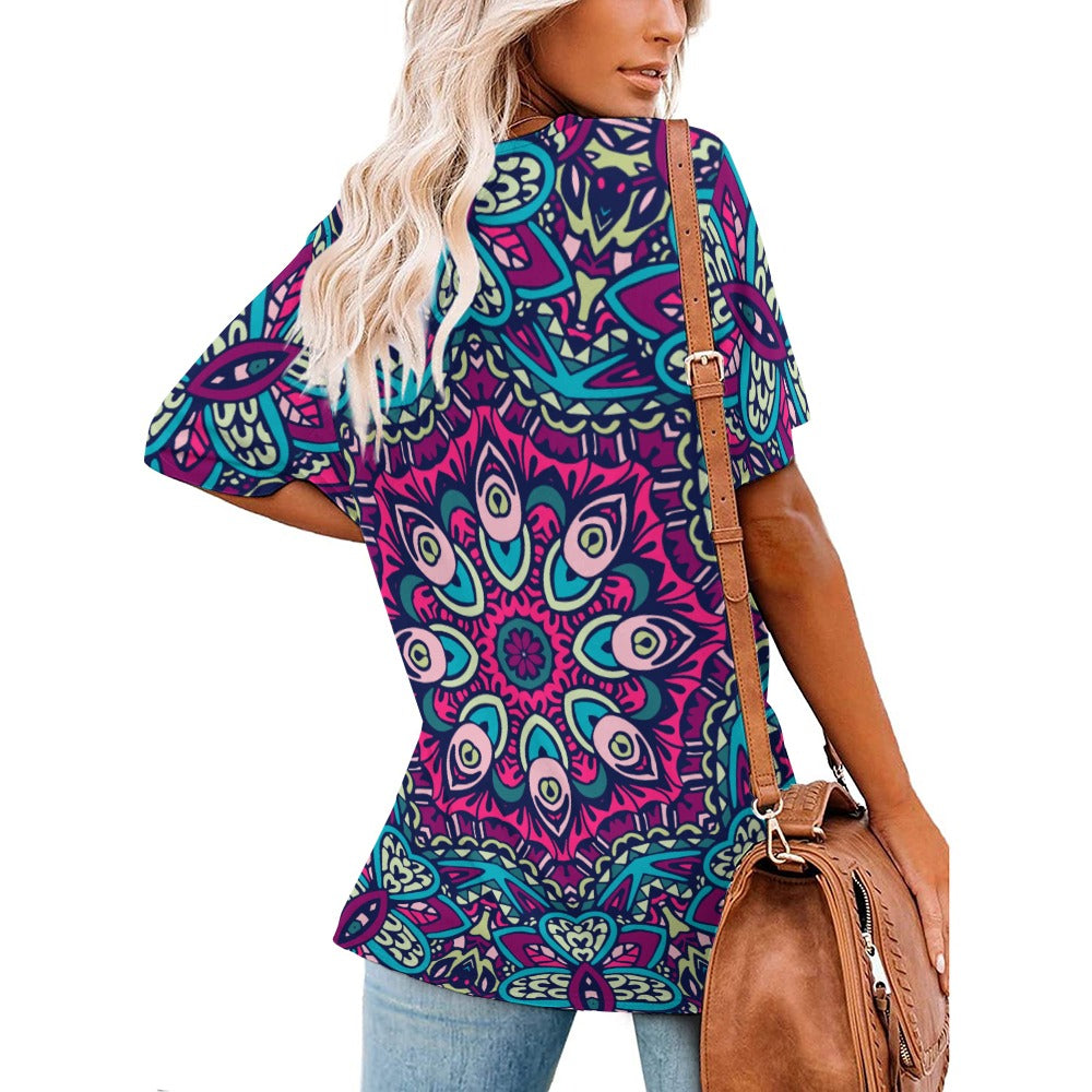 2024 New V Neck Short-sleeve Women Shirt Printed