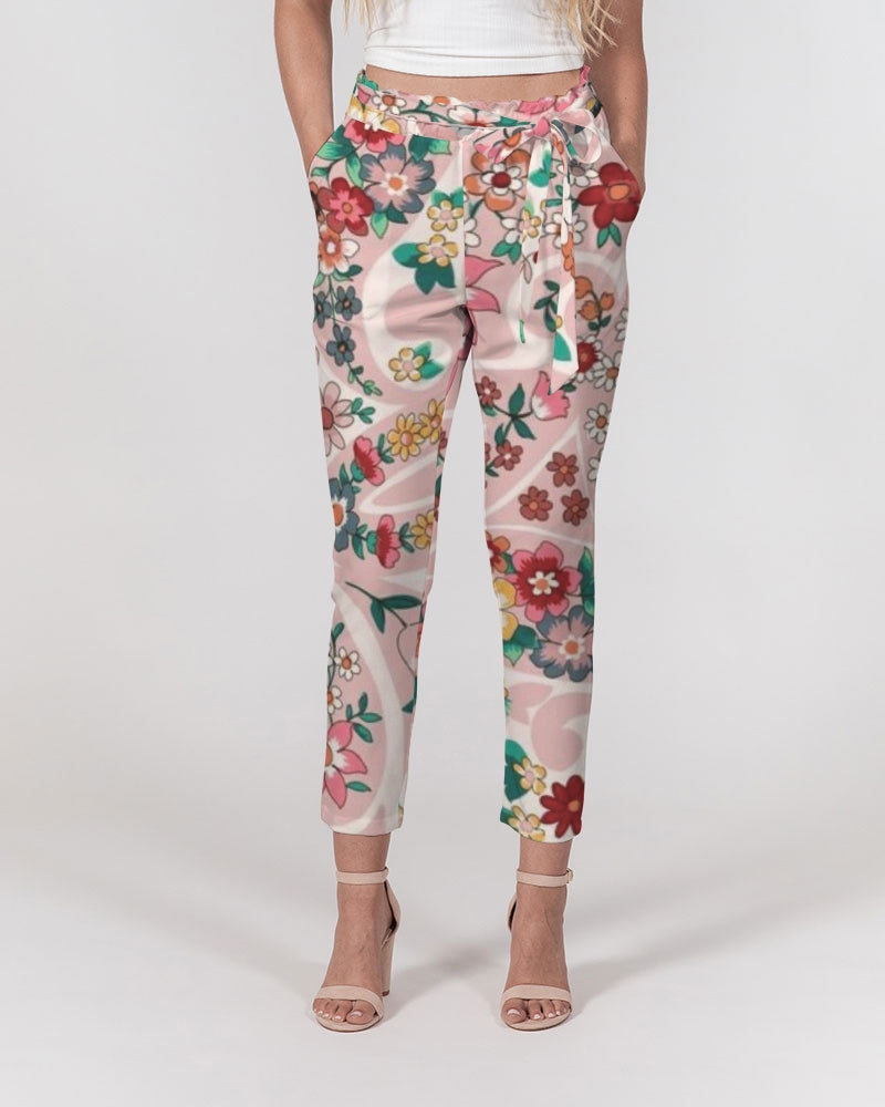 Pink abstract Pretty Sisters Women's All-Over Print Belted Tapered Pants