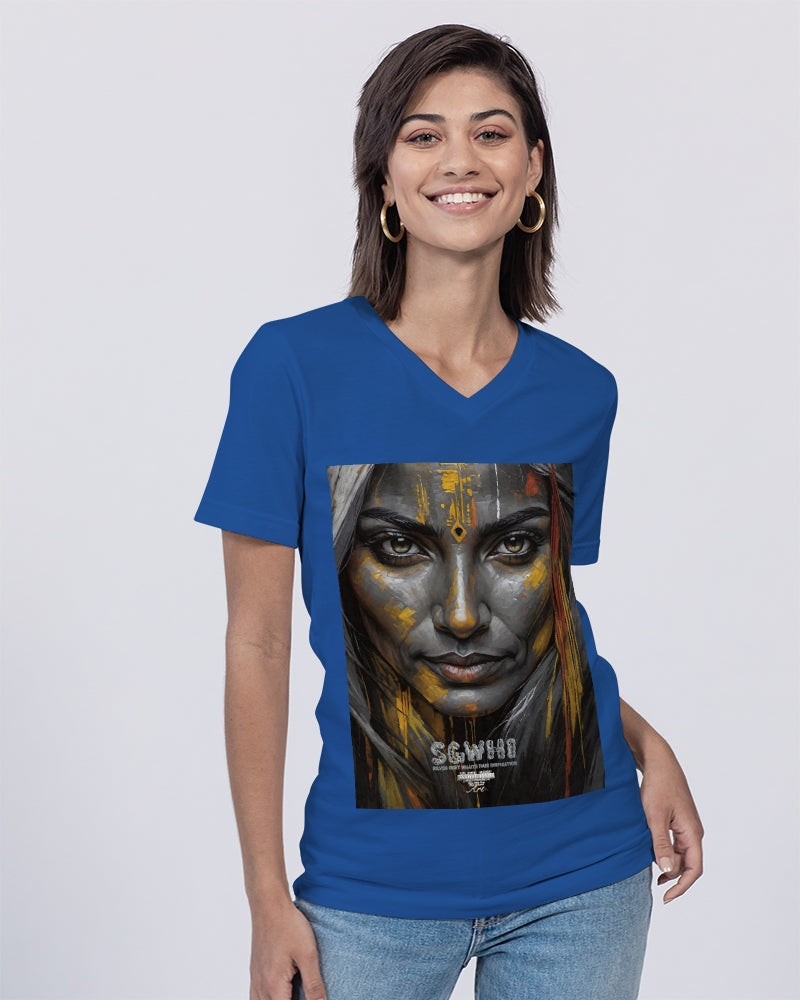 South Asian silver grey white hair sisters portrait [3] Unisex Jersey V-Neck Tee | Bella + Canvas