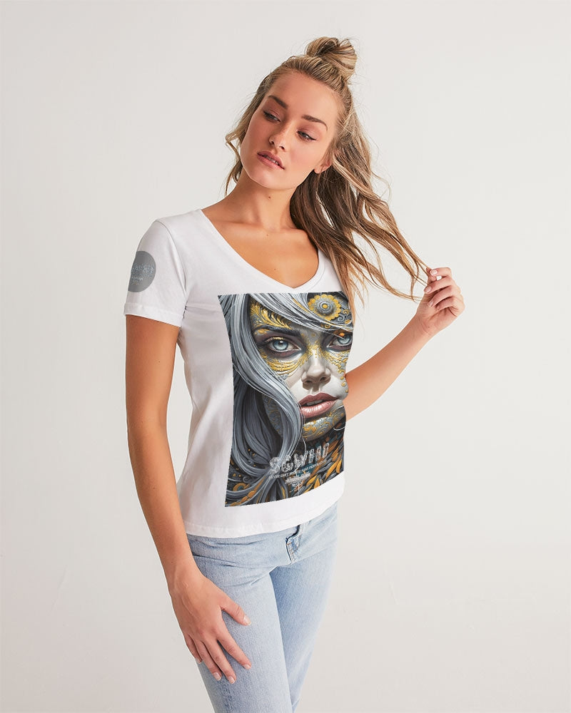 Sweet Silver Yellow Flower Grey Hair sister.[Part three] Women's All-Over Print V-Neck Tee